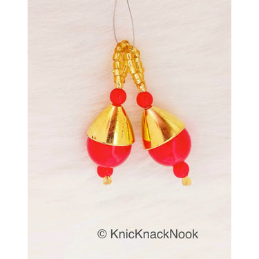 Red Bead Tassels Latkan, Indian Antique Distressed Latkans, Gold Beaded Danglers